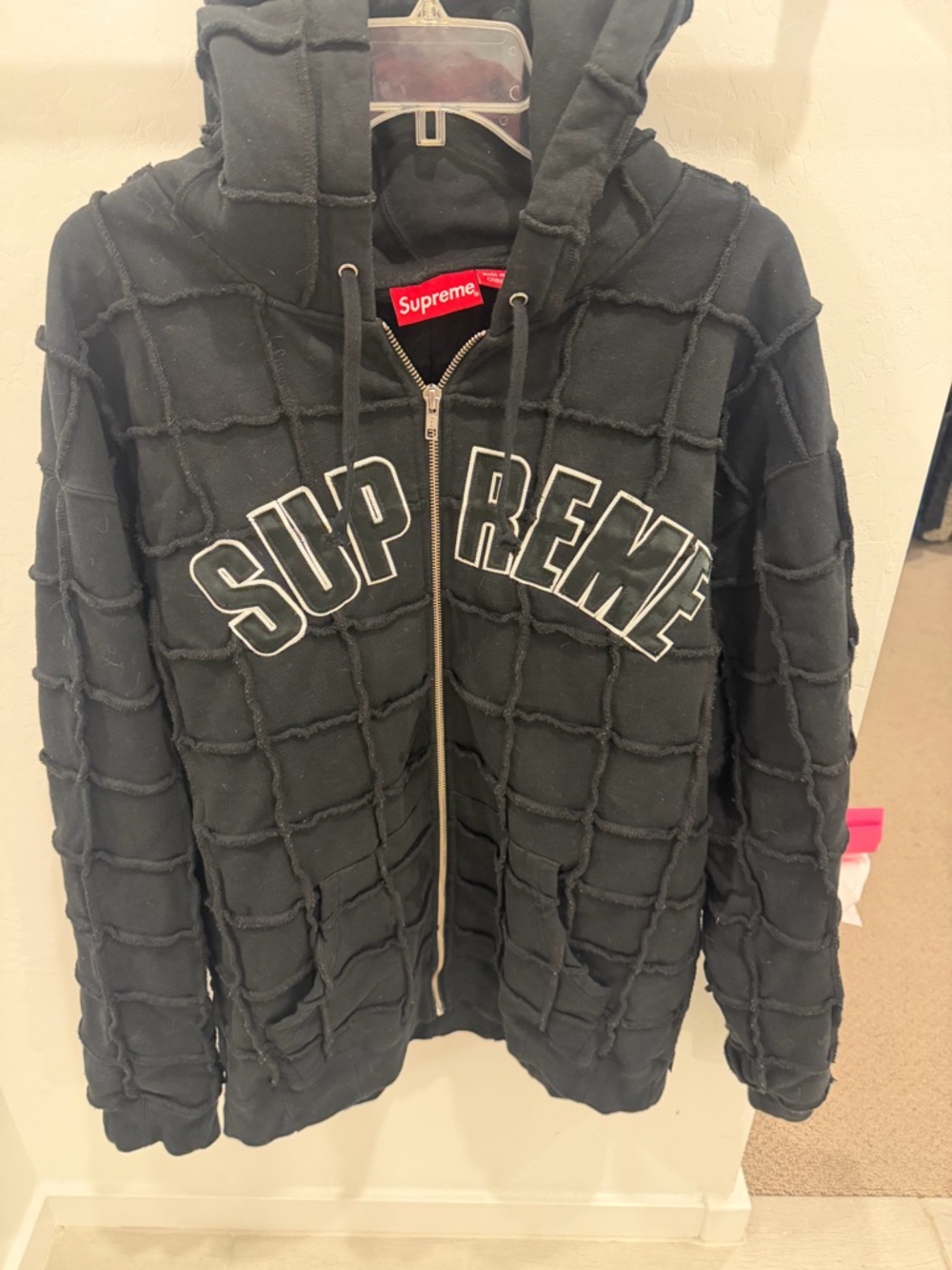 Supreme Black Quilted Grid Zip Hoodie with White Outline Logo